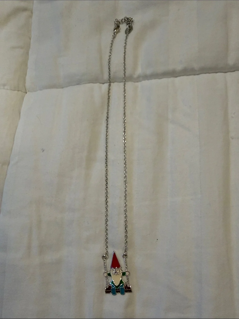 Silver-Tone Gnome Pendant Necklace with Red Hat and Green Outfit - Kids Jewelry